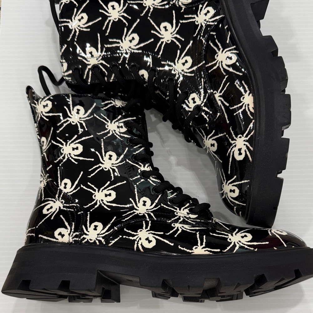 NEWWomen’s Black Combat Boots with White Spider Print (Wednesday Addams inspire)